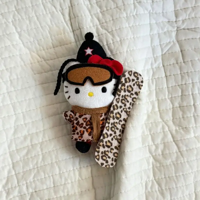 Kawaii Hello Kitty Plush Keychain Sanrio Anime Cartoon Leopard Print Kt Skiing Plush Pendant Stuffed Toys Bag Decoration Gifts