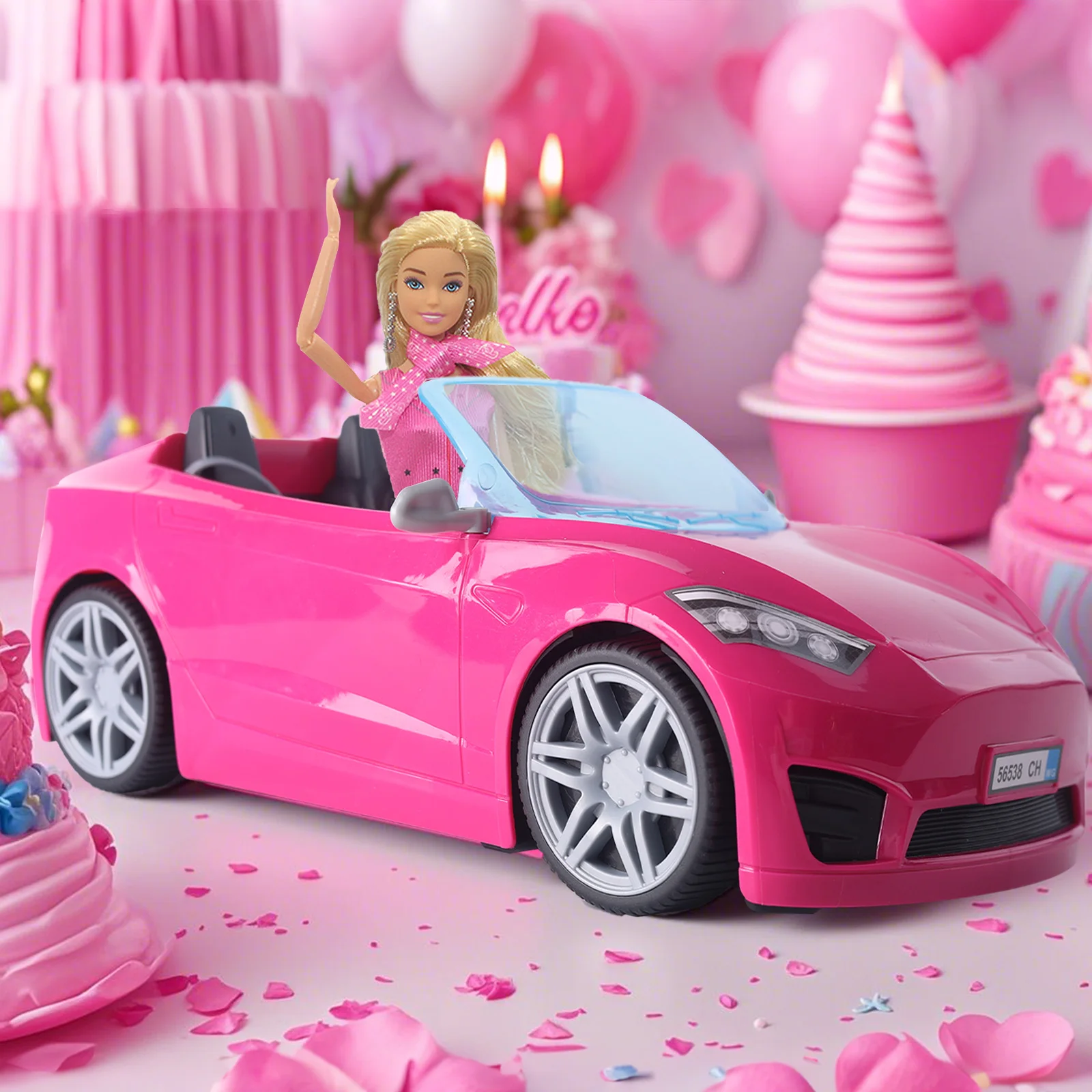 อุปกรณ์ตุ๊กตาของเล่นรถ Playset สีชมพูสดใสตุ๊กตาขนาดเปิดประทุน 2 ที่นั่งเข็มขัดนิรภัยและล้อกลิ้งรายละเอียดที่สมจริง