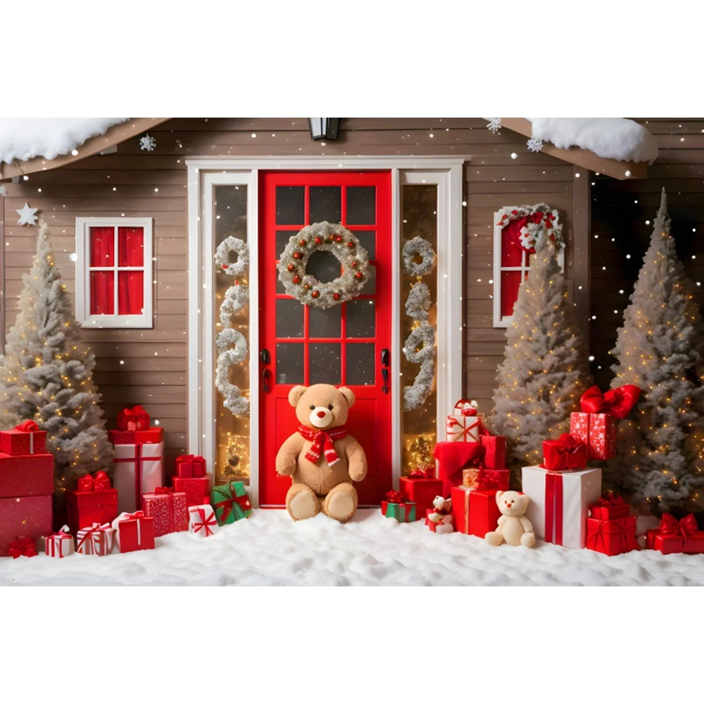 Christmas Windows Bears and Gifts Backdrops Red Curtain Starry Sky Kids Family Photography Baby Photocall Xmas Wall Backgrounds