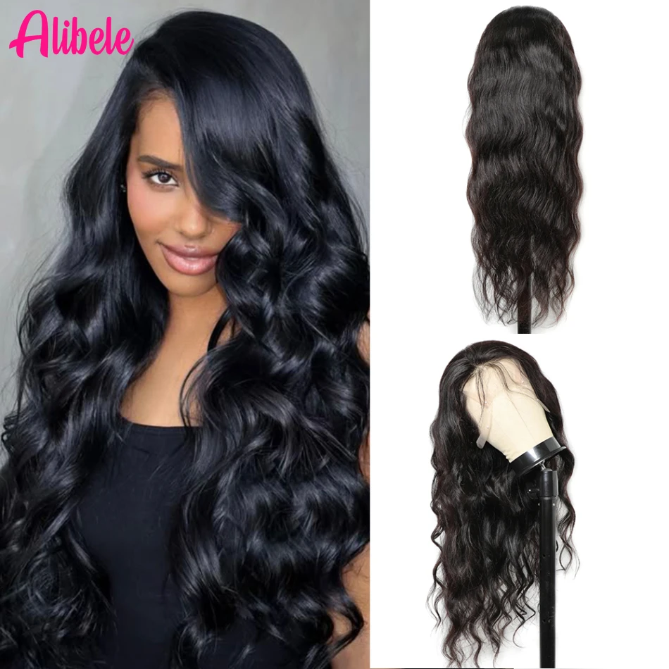 

ALIBELE Human Hair Wig Body Wave Lace Frontal Wig Transparent Lace Frontal Wig Pre Plucked Natural Black 12A Virgin Hair