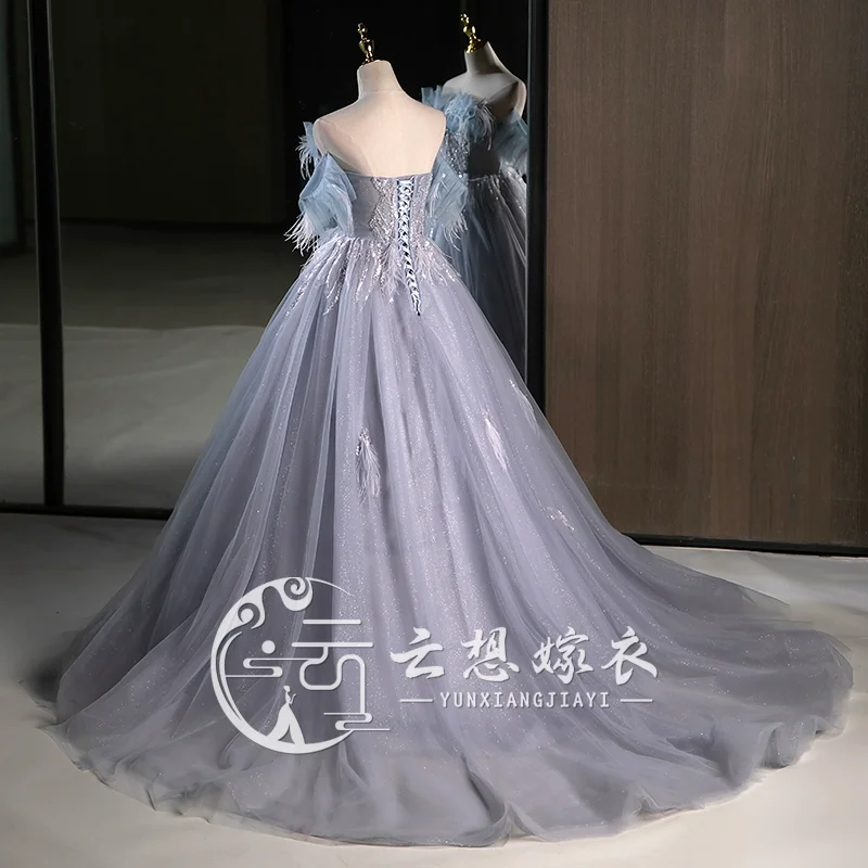 luxury grey blue feather beading masquerade ball gown stuido princess medieval dress/victorian belle ball