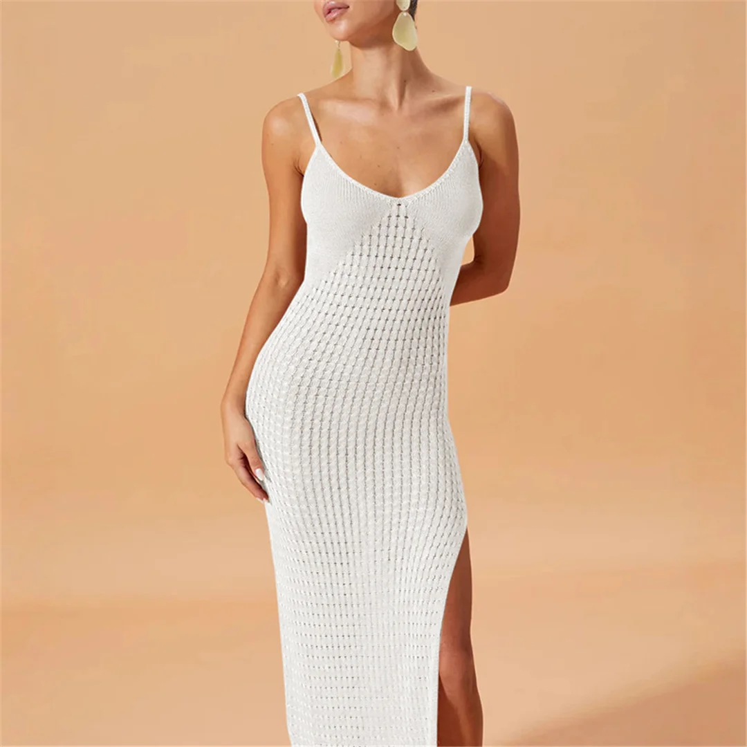 V-Ausschnitt, ärmellos, mit Ausschnitten, gehäkelt, gestrickt, Tunika, Strandkleid, Strandmode, Damen, V7212 – Detail 15