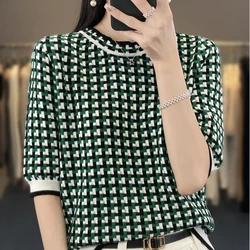 Spring And Summer New Women's T-Shirt Pullover Short Sleeve Contrast Checker Fashion Loose Top Casual Sweater