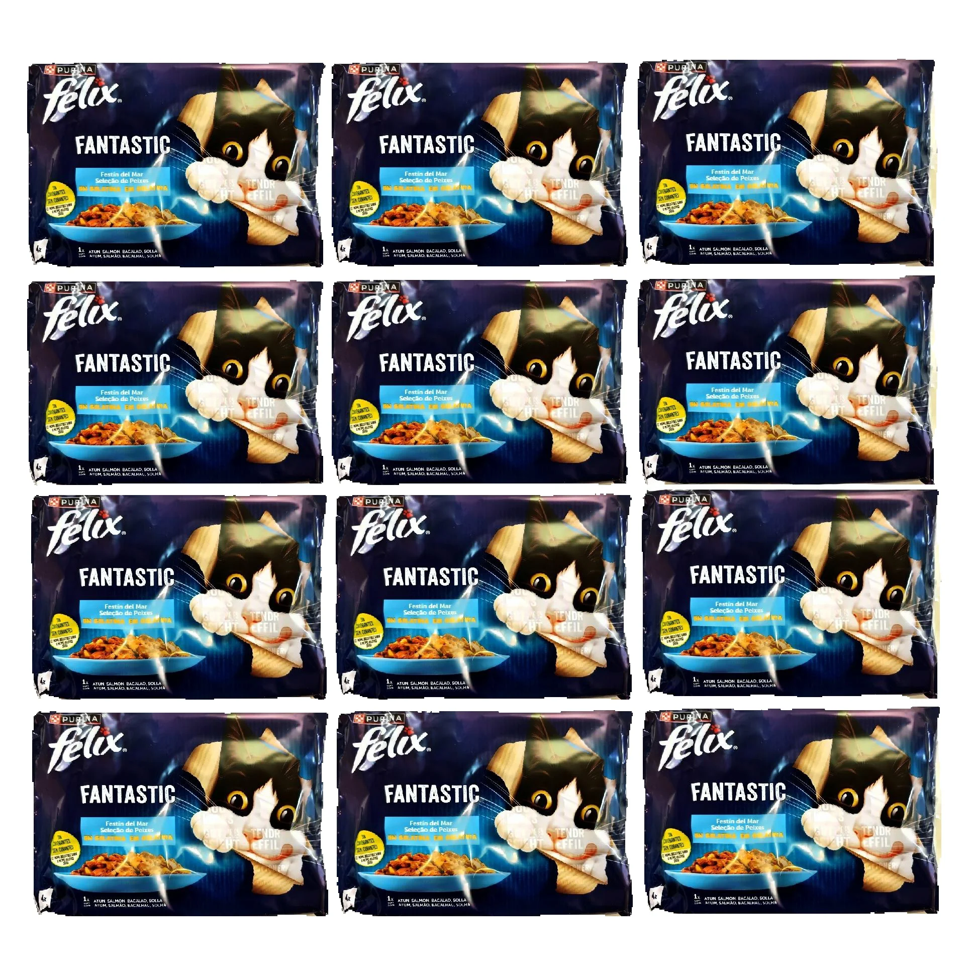Comida Húmeda para Gatos Felix Fantastic Adultos con Sabor a Pescado en Gelatina, 48 Sobres de 85 g (12 Paquetes de 4 Unidades), Fácil de Digirir con Vitaminas y Omega 6