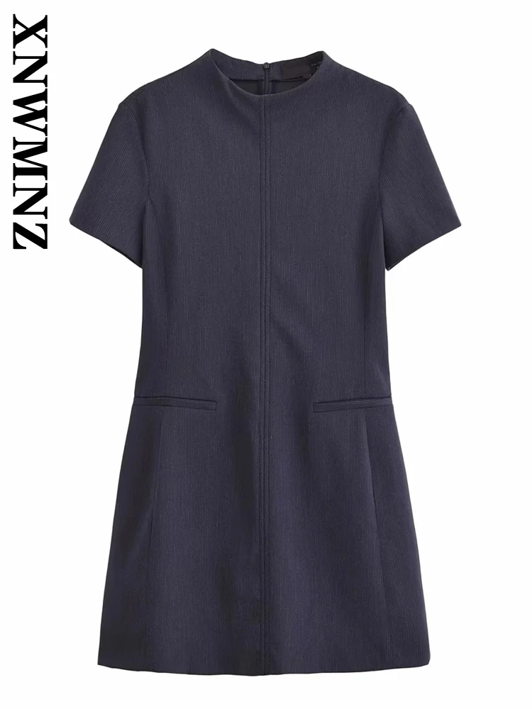 XNWMNZ Woman 2024 New Autumn Vintage Pockets Half high Collar Dresses Mini Skirt Female Fashion Casual zipper Short Sleeve Dress