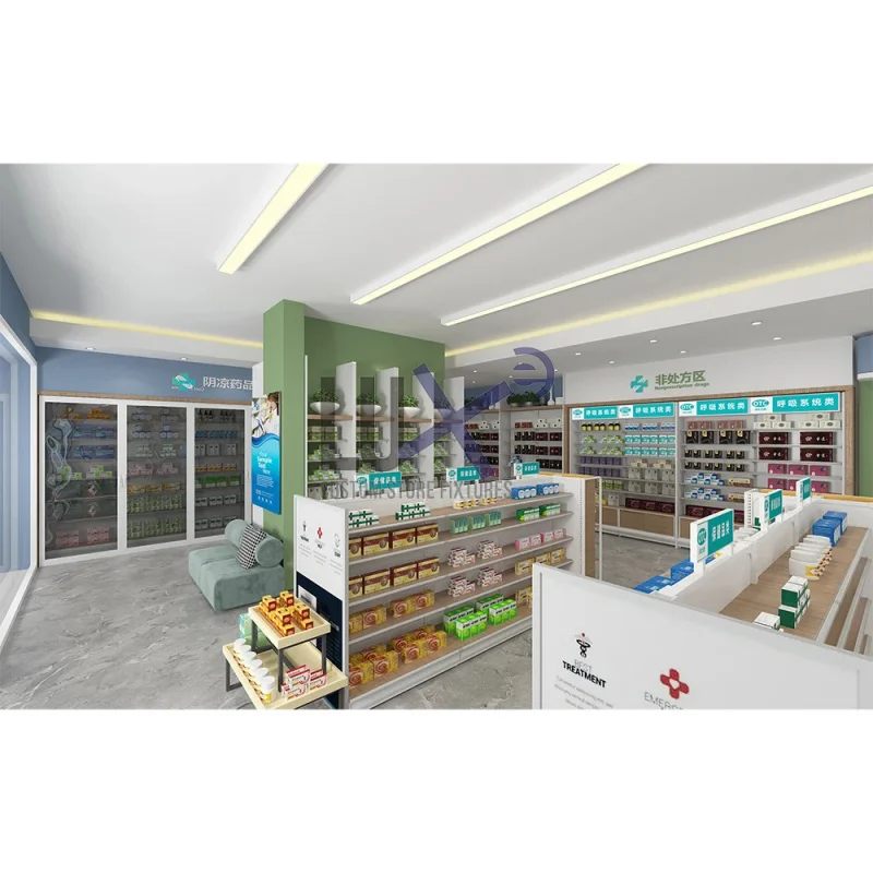 custom.Customized Commercial Sectional Pharmacy Shelving Store Display Stand Metal/Wood/Glass Materials Retail Store Int