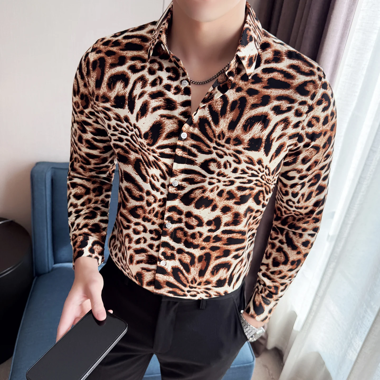 

Autumn Winter Retro Leopard Print Men's Shirt Long Sleeve Slim Casual Shirts Social Banquet Nightclub Shirt Men Clothing 2025