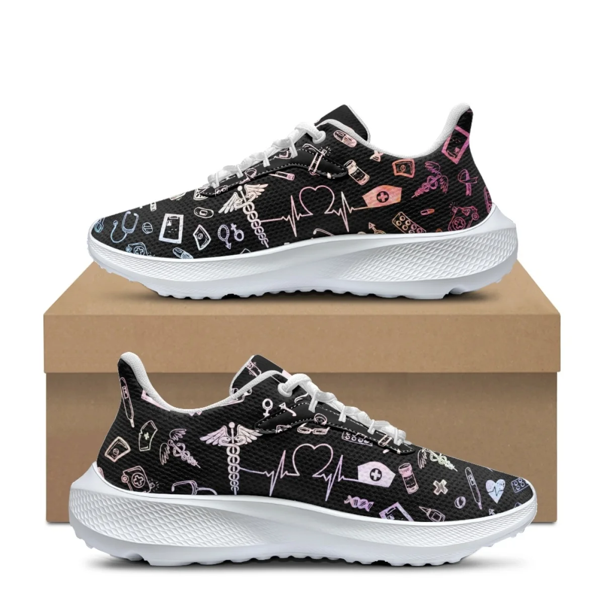 Fashion Style Print Teenager Mesh Sneaker Hospital Work Doctor Nurse Portable Shoes Convenient Breathable Lace Up Footwear Flats