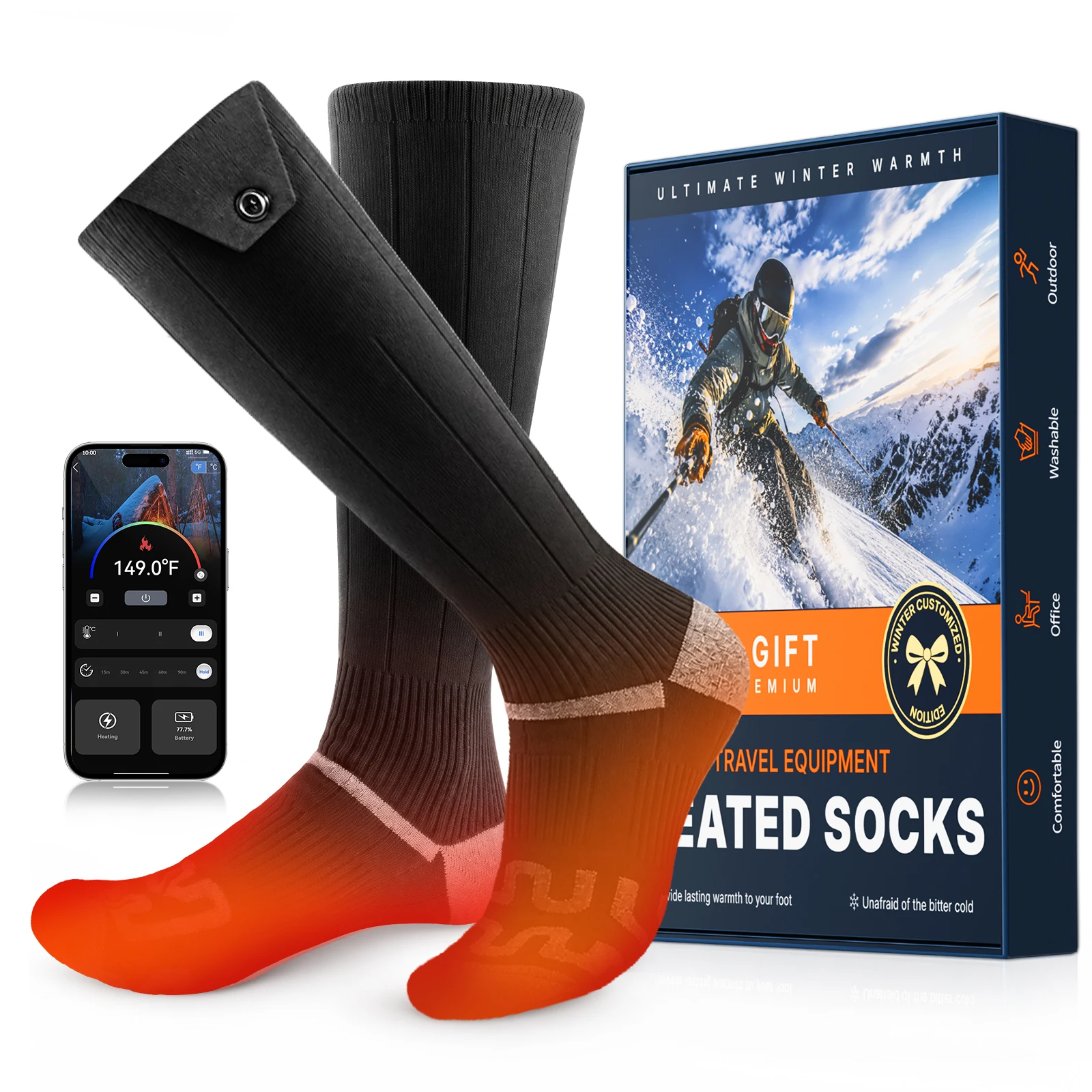 Electric Heated Socks 8000mAh Rechargeable Winter Warm Socks APP Control 3 Levels 360° Heating Thermal Skiing Cycling Hiking Socks Men Women
