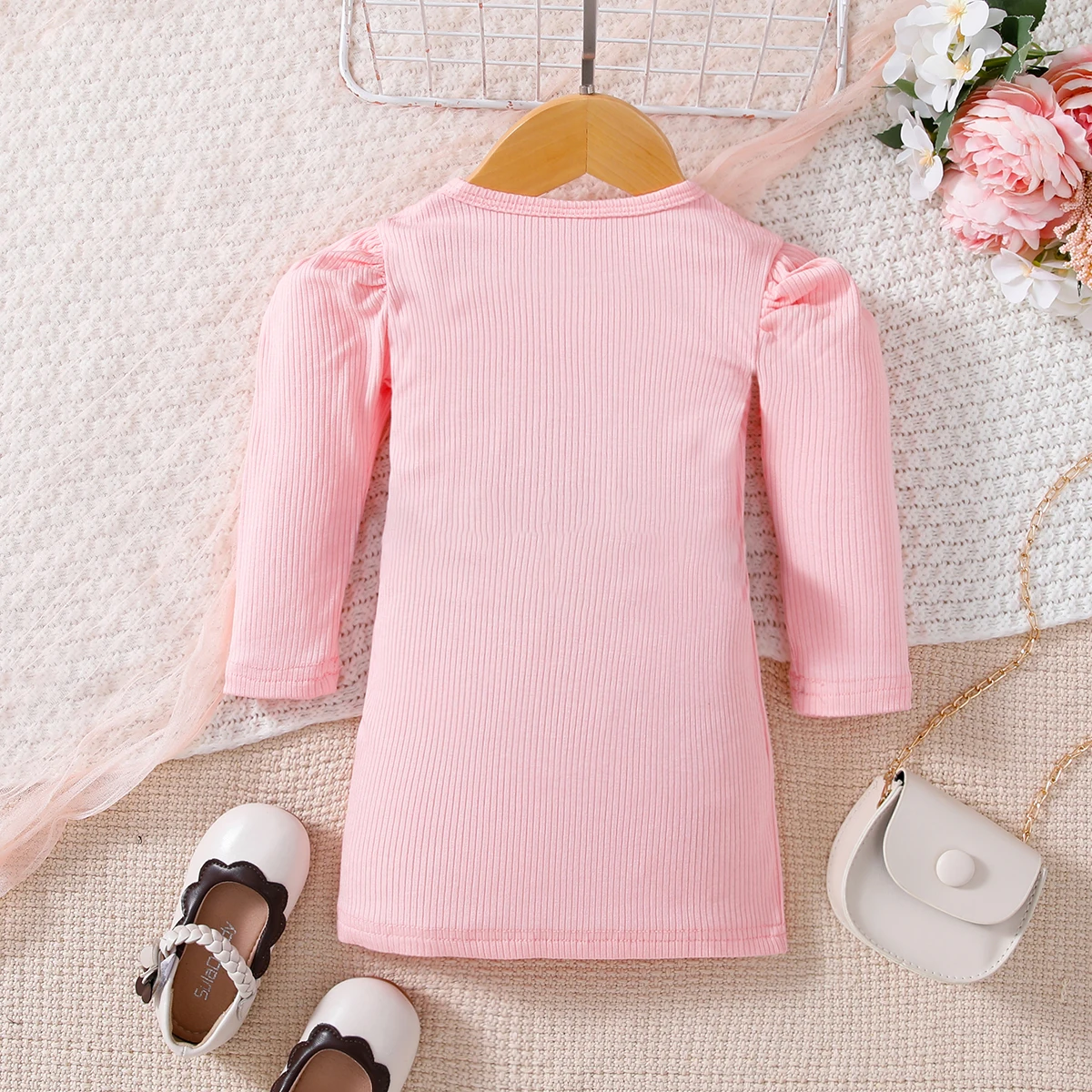 Girls Pink Gingham Dress Spring Autumn round Neck Shoulder Bubble Sleeve Design Cute Elements Casual Kids Clothing