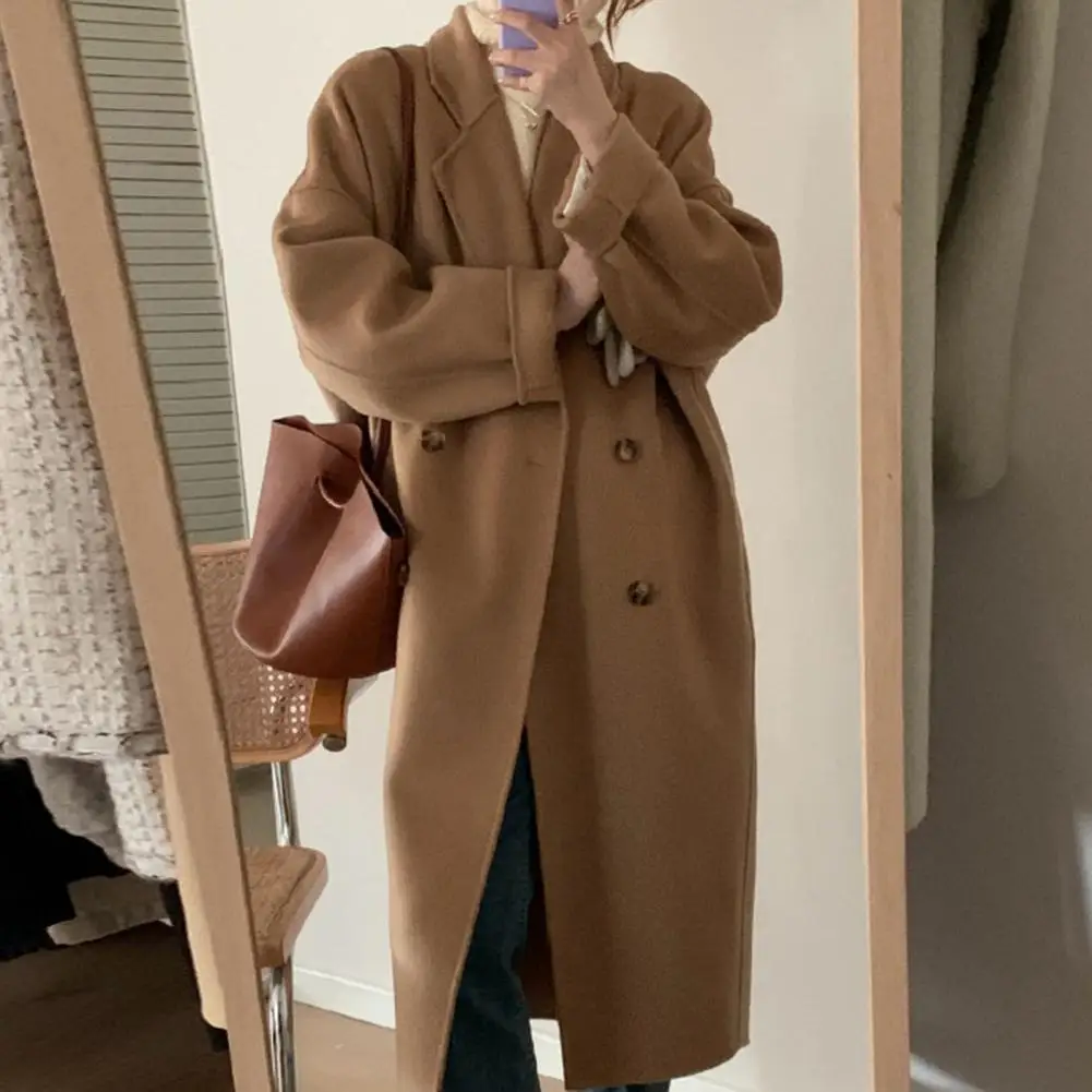 

Women Winter Coat Thickened Double-breasted Long Trench Coat Long Sleeve Loose Lapel Notch Collar Pockets Women Coat