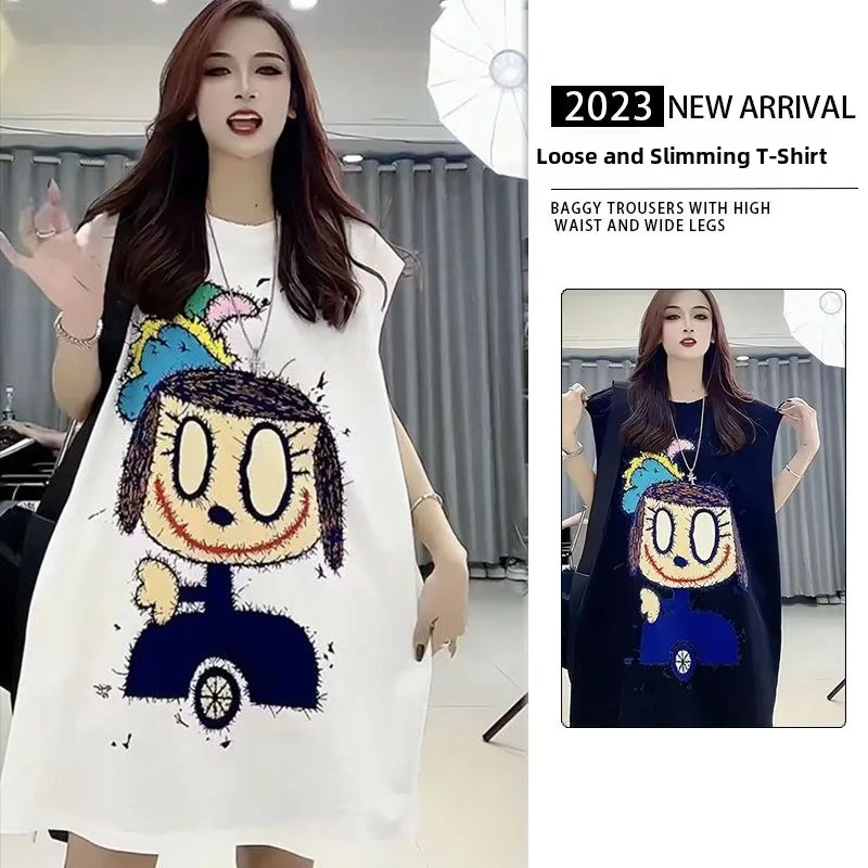 

American Retro round Ne Svel T-irt Women Summer plus Size Loose Mid-Length Sports Tank Top Casual Sportswear