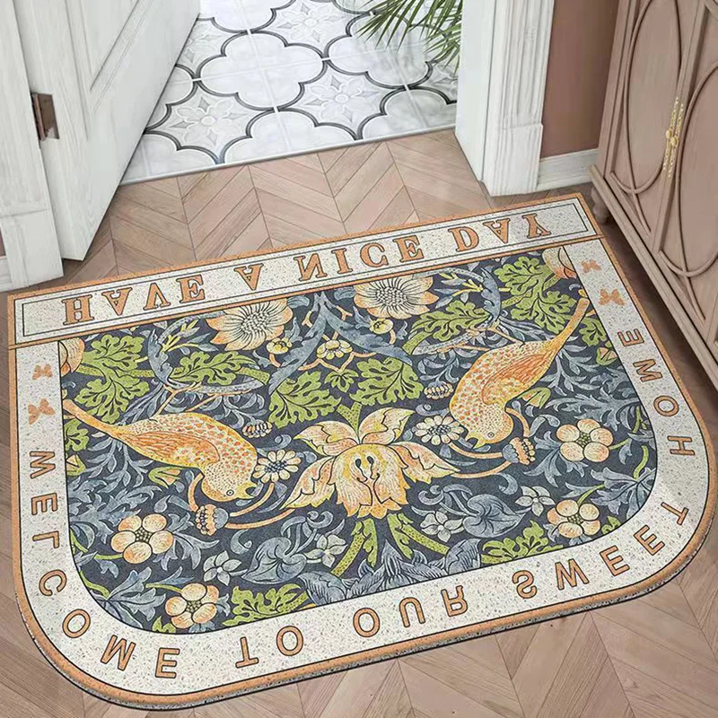 European Flowers PVC Entrance Doormat Anti Wear Waterproof Anti-Slip Bathroom Carpet Rug Letter Print Hallway Welcome Door Mat