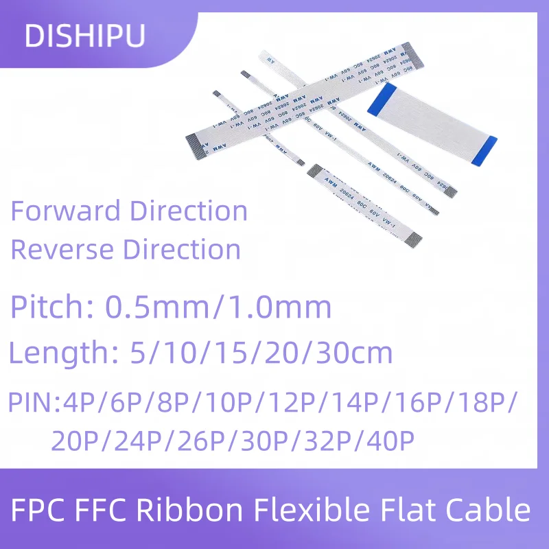 

5PCS FPC FFC Ribbon Flexible Flat Cable Pitch 0.5mm1mm Length: 50mm 30cm PIN:4P/6P/8P/10P/18P/20P/24P Forward Reverse Direction