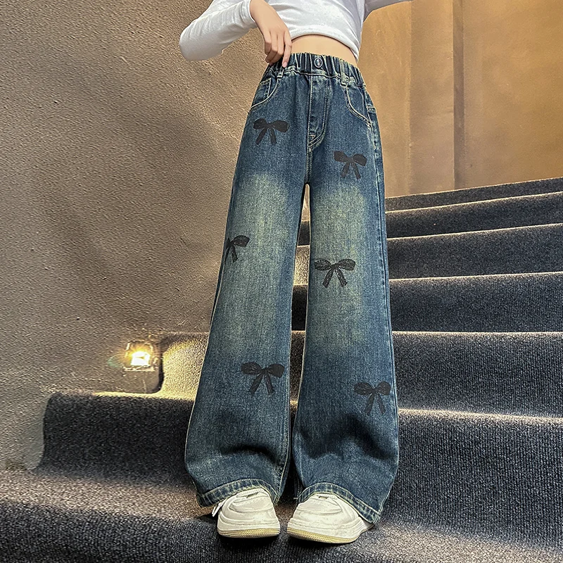 

New Fashion Kids Bow Print Straight Casual Jeans Teens Girl Gothic Wide Leg Y2K Denim Pants Child Street Jeans Trousers 5-14 Y