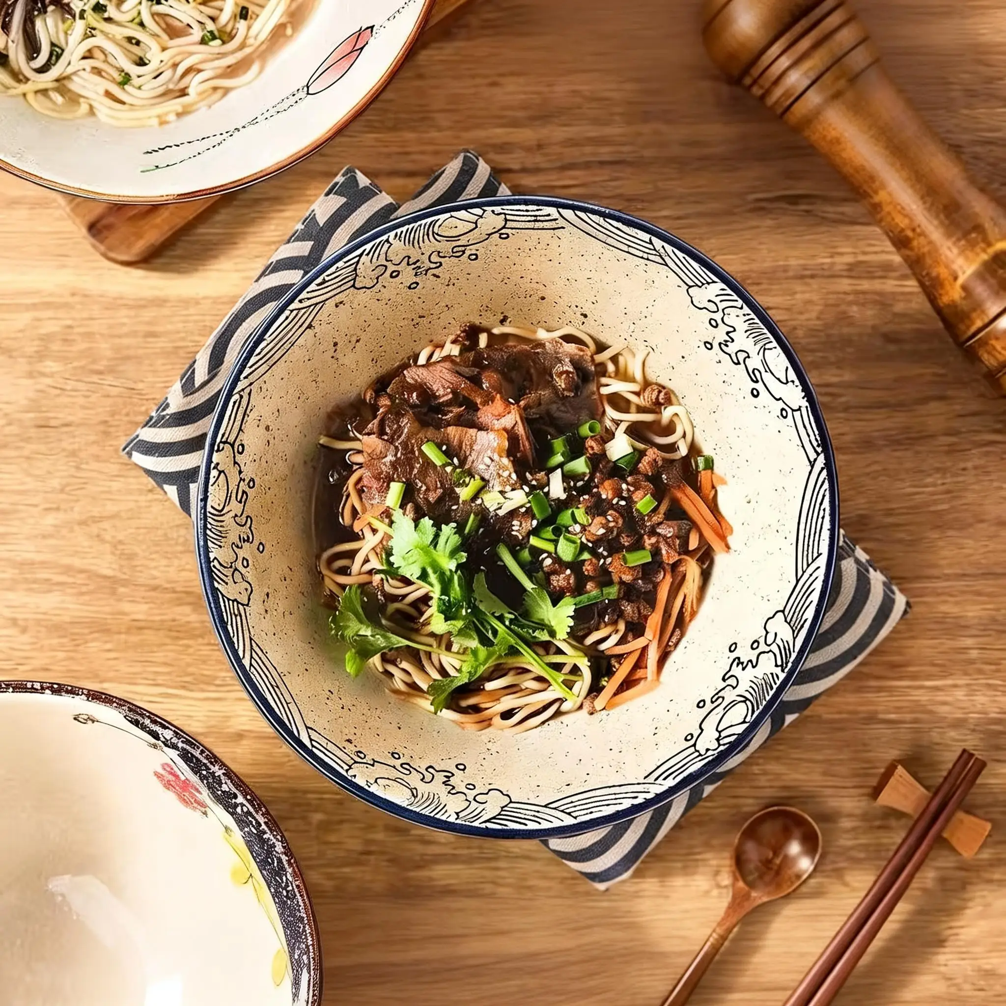 2Pcs 8 Inch Japanese Style Ceramic Pasta Bowls, 40.58oz(1200ml) Large Capacity Bowls for Soup and Ramen, Underglaze Color Design
