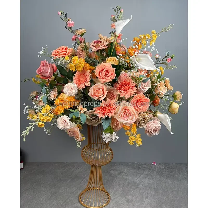 Factory Made Perfect Real Looking Artificial Silk Flower Ball Centerpiece Orange Roses Bouquet Spring Wedding Floral