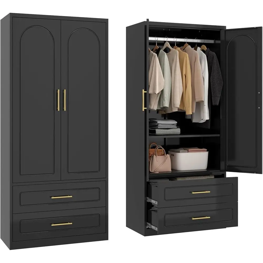 

71-Inch Black Metal Wardrobe Closet with Hanging Rod for Bedroom or Home Office Storage