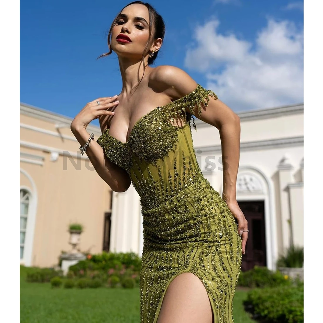 Elegant Sequin Prom Dresses Women Off Shoulder Formal Party Gown Mermaid Evening Dress with Slit Pearls Dresses Customize