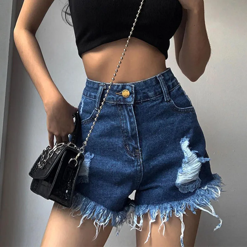 

Women Casual High Waist Denim Shorts 2023 Summer Fashion Streetwear Pocket Tassel Hole Jeans Female Loose Straight Short Pants