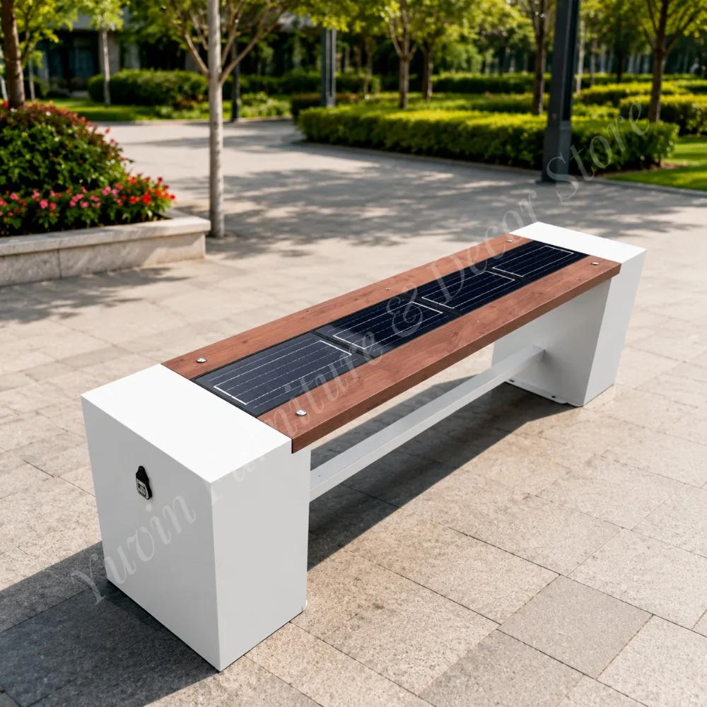 Smart Solar Park Bench, Outdoor Photovoltaic Charging Bench with USB & Wireless Charger No Backrest