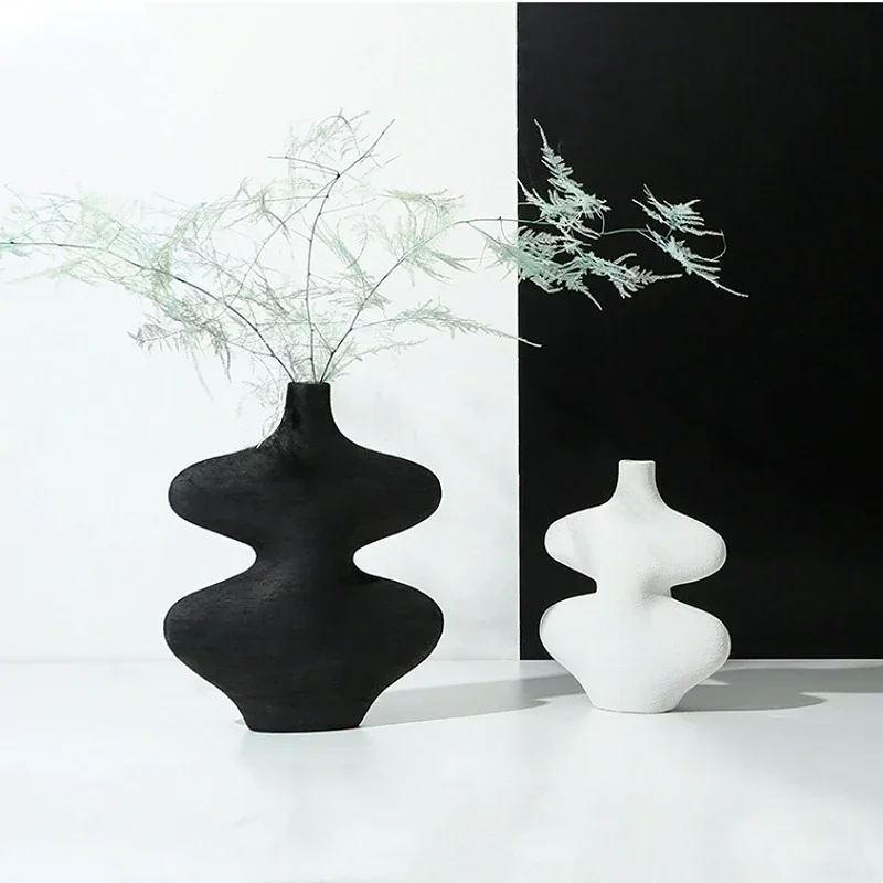White Ceramic Vase Geometric Shape Calabash Black and White Crafts Flower Arrangement Home Decoration Accessories Vases Pots