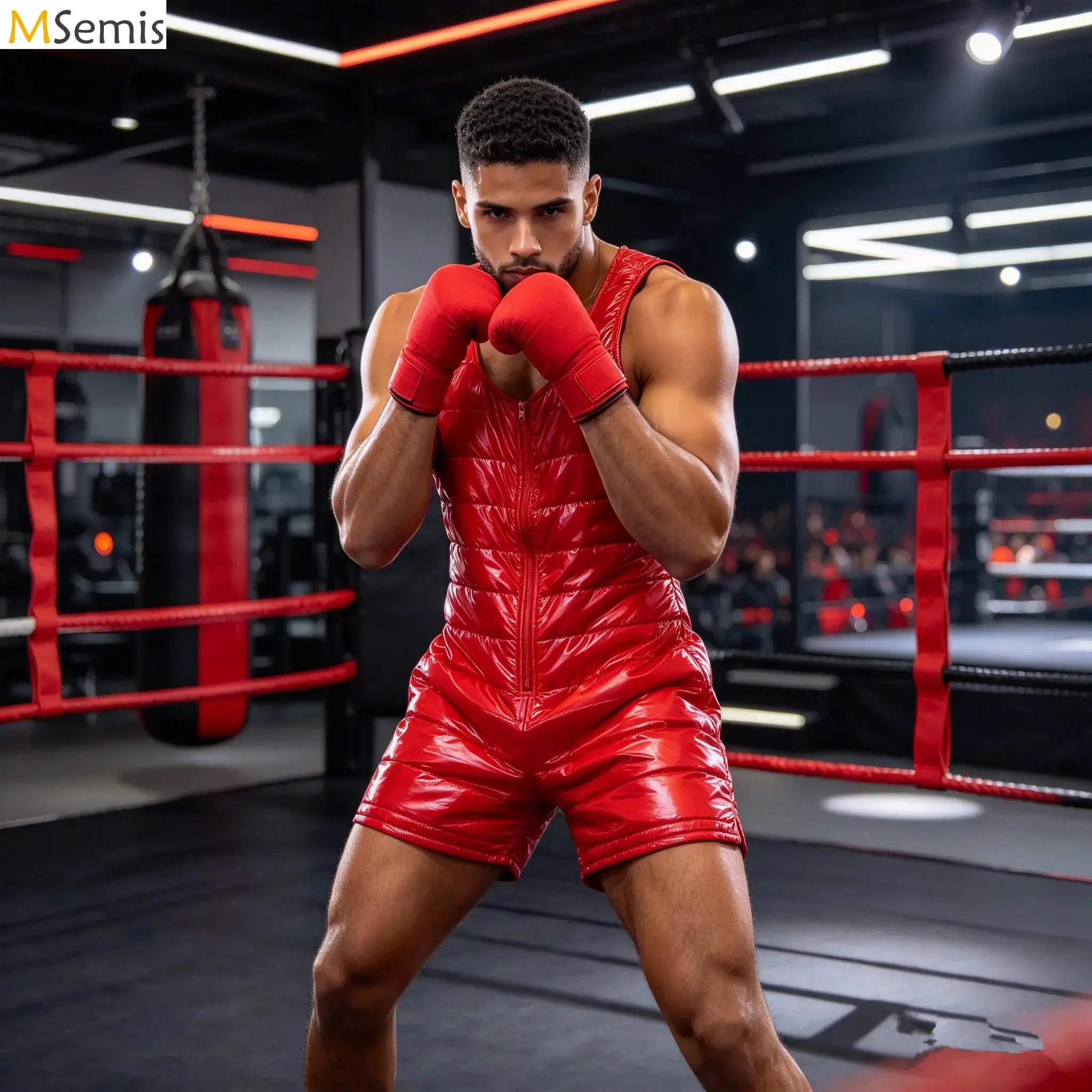 Men Shiny Quilted Padded Sleeveless Boxing Jumpsuit Front Zipper Quilted Boxing Robe Thigh Length Rompers Festival Rave Outfit