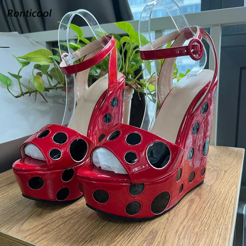 

Ronticool Handmade Women Summer Sandals Polka Dot Wedges Heels Open Toe Beautiful Red Fuchsia Ladies Party Shoes US Size 5-16