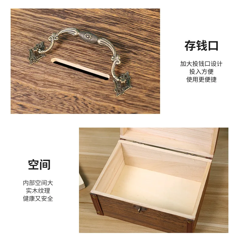 Small Boy Money Box Deposit Box Deposit Box Piggy Bank Key Code Lock Key with Kids Wooden Savings