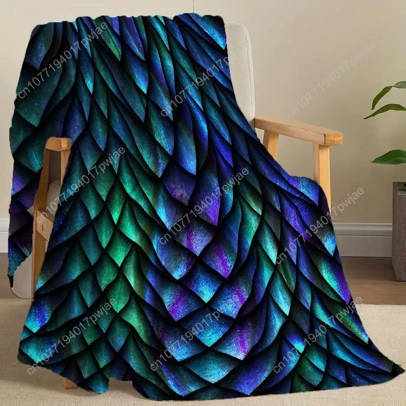 

Warm Cozy for Couch Bed 1pc Tri-Color Dragon Scale Print Flannel Throw Blanket - Soft Office Custom Blankets