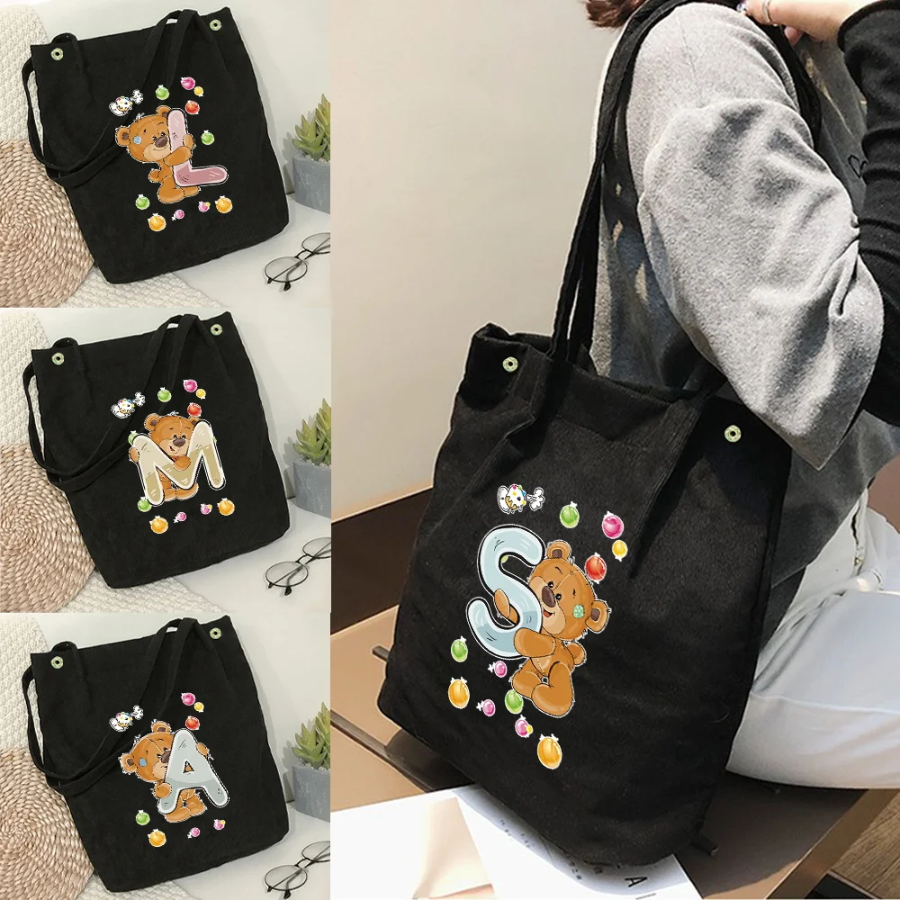 

Corduroy Shoulder Bag Eco-friendly Shopping Bag Student Backpack Casual Handbag Travel Handbag Cartoon Bear Pattern Series