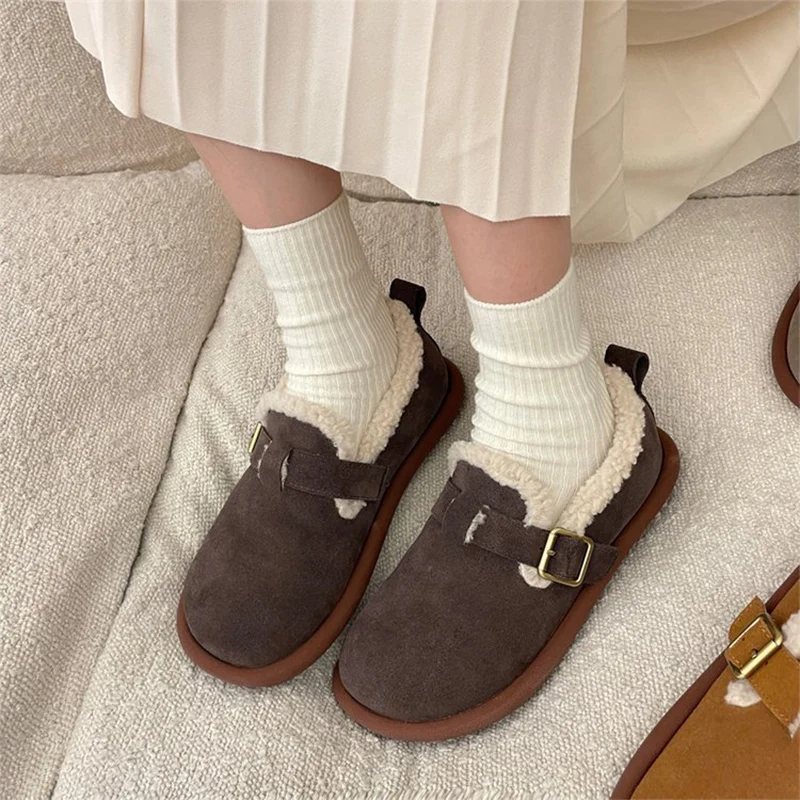 2024 New Women's Fleece Shoes Winter Warm Snow Boots Thick Sole Round Head Comfort Cotton Shoes Casual Bean Shoes Loafers Urban