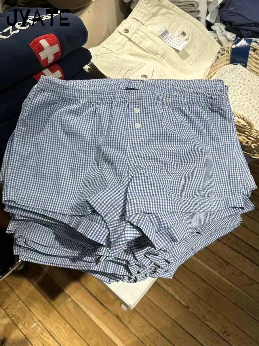 Blaue karierte Druck knöpfe kurze Hose Frauen Sommer neue Baumwolle Straße einfache elastische Taille nach Hause Unterwäsche Vintage lässige y2k Shorts