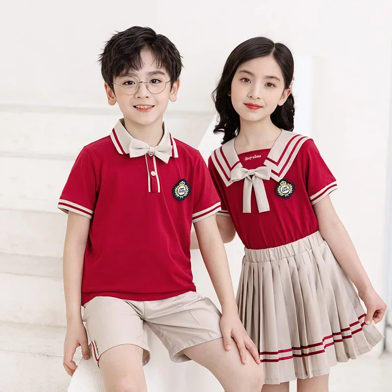 Summer kindergarten uniforms Primary school students grade1 school Summer pure cotton British sports class uniforms 2PCS set