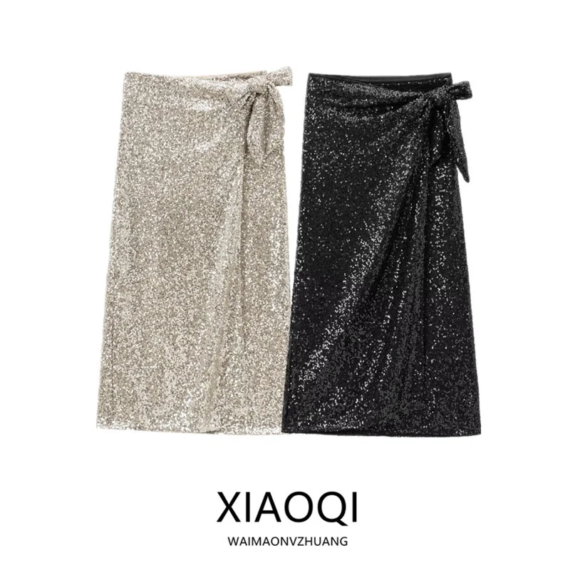 Women's Mid-Length Sequin Wrap Skirt Autumn 2024 Faion Design Versatile Mid-Waist f-Body Midi Skirt for Ladies