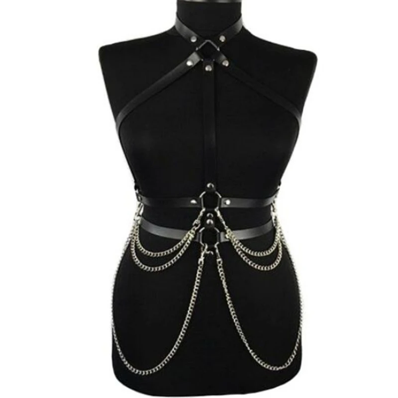 

New Womens Punk Black Faux Leather Waist Belt Halter Neck Body Chest Harness with Metal Chain Adjustable Buckles O-Rings