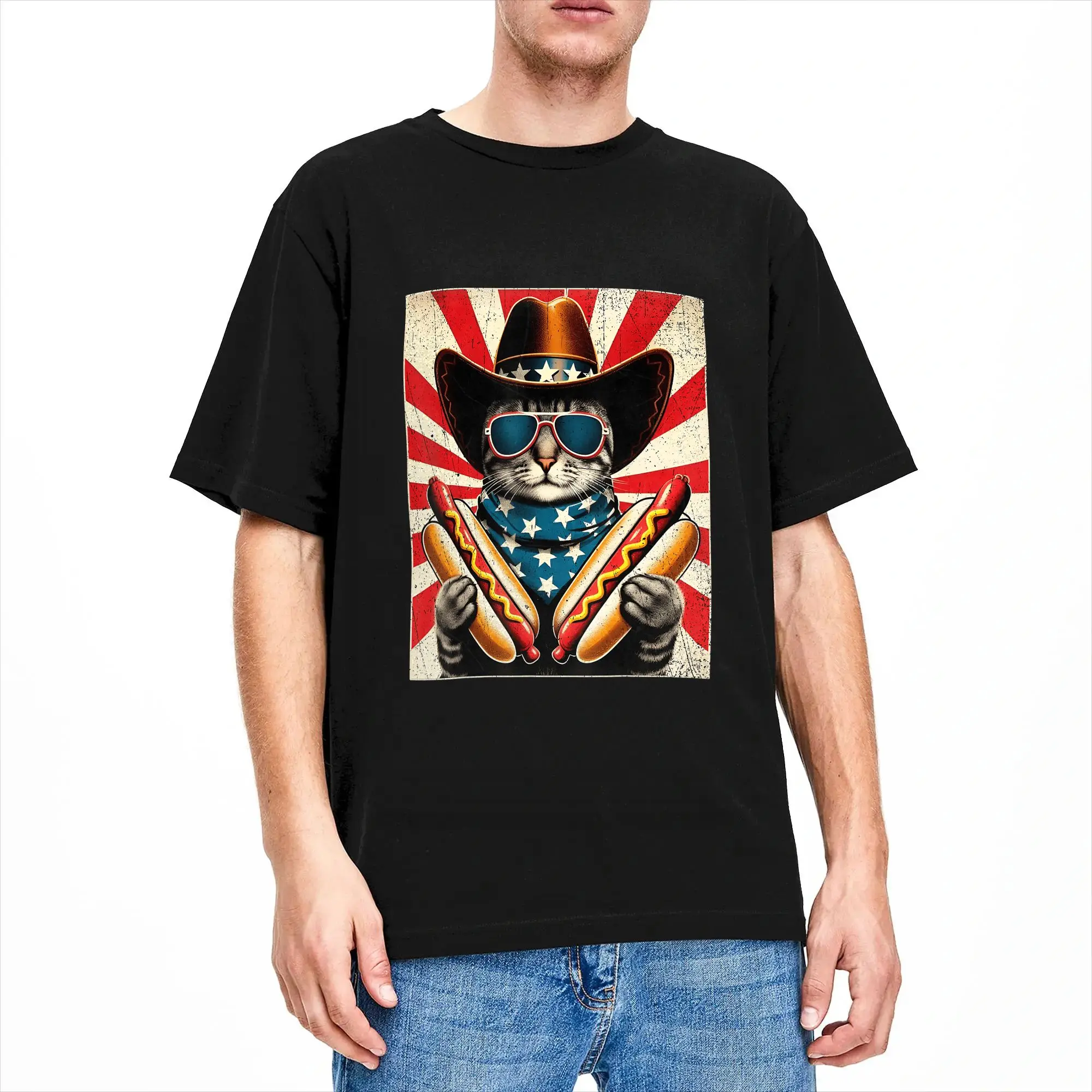Men's 4th of July Hotdog Cat Funny Patriotic Cowboy Cat USA Flag T Shirts  100% Cotton Clothing Summer Y2K Short Sleeve T Shirt