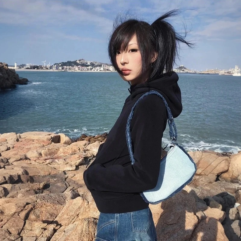 

Женская толстовка Harajuku Y2K с капюшоном, длинными рукавами, повседневная, черная, в американском ретро-стиле, базовая зимняя куртка, уличная одежда, худи E-girl