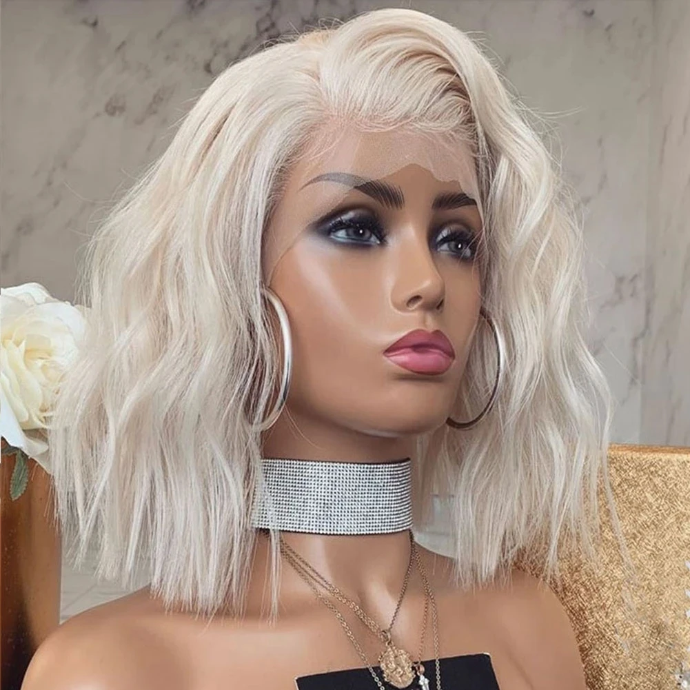 Synthetische Spitze Front Perücken für Frauen 60 Platin Blonde Perücke Kurze Bob Stil Welliges Haar Blond Frontal Perücken Cosplay