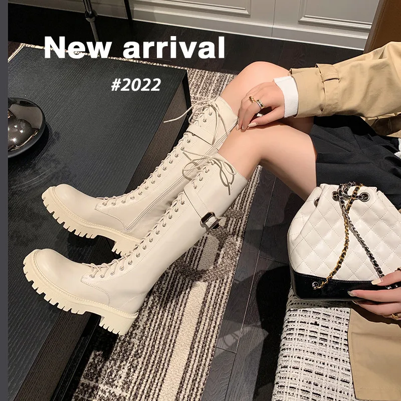 MKKHOU Fashion Knee-High Women Boots New High-Quality Leather Lace-up Platform Boots Street All-Match Martin Knight Boots