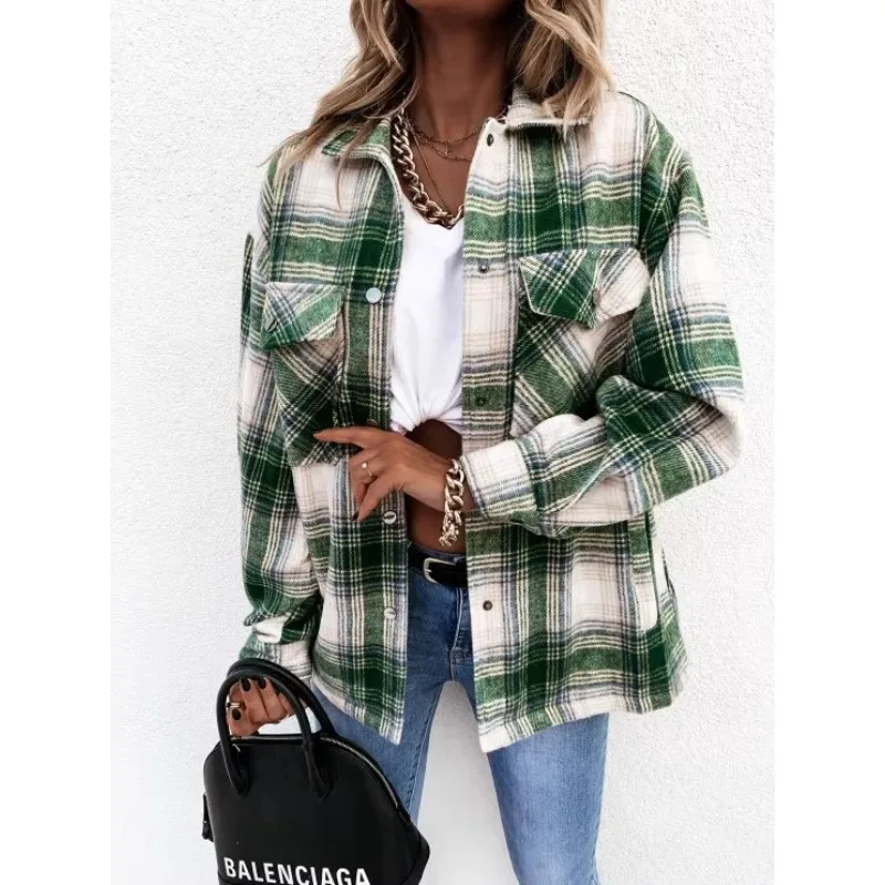 Hot Sales of Autumn and Winter Long-sleeved Plaid Shirt Coat Casual Loose Shirt Women\'s Fashion Pocket Long-sleeved Shirt