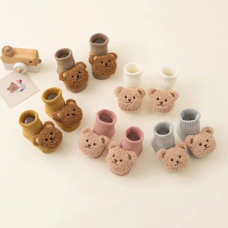 Cute Cartoon Bear Baby Socks for Boy Girl Winter Soft Cotton Anti Slip Soled Newborn Toddler Sock Kids Thicken Socken Warm Socks