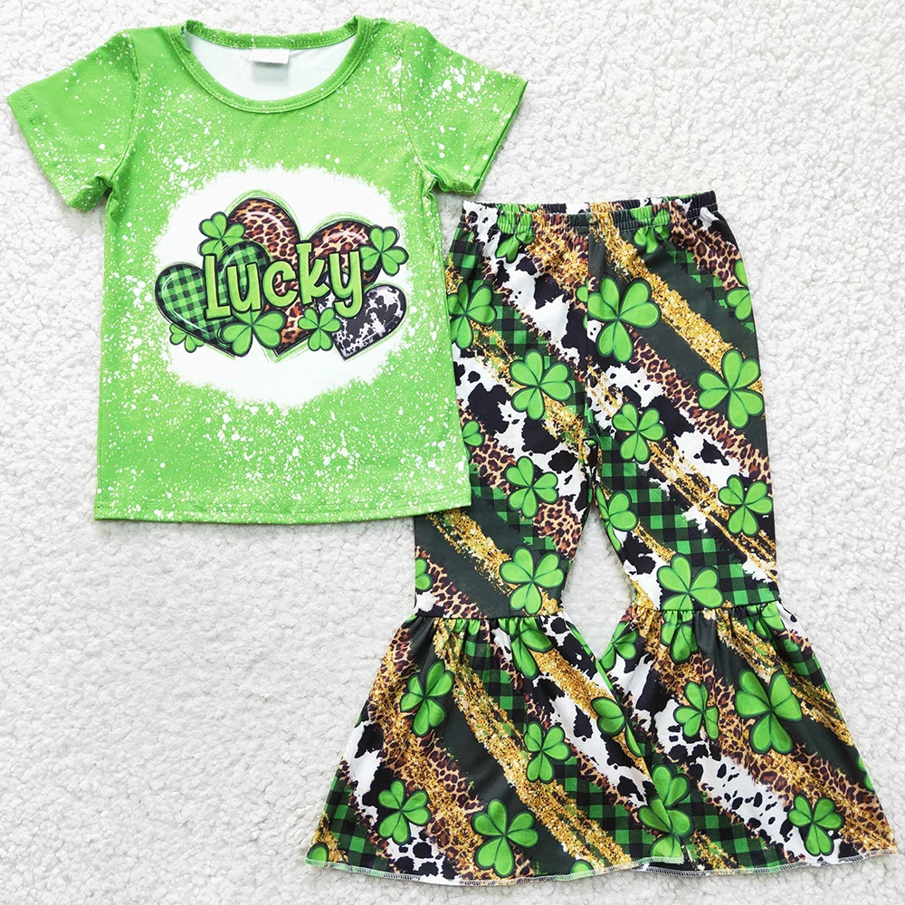 New Fashion Kids Designer Clothes Girls Outfits St. Patrick's Day Baby Girl Clothes Boutique Short Sleeve Bell Pants Set Lucky