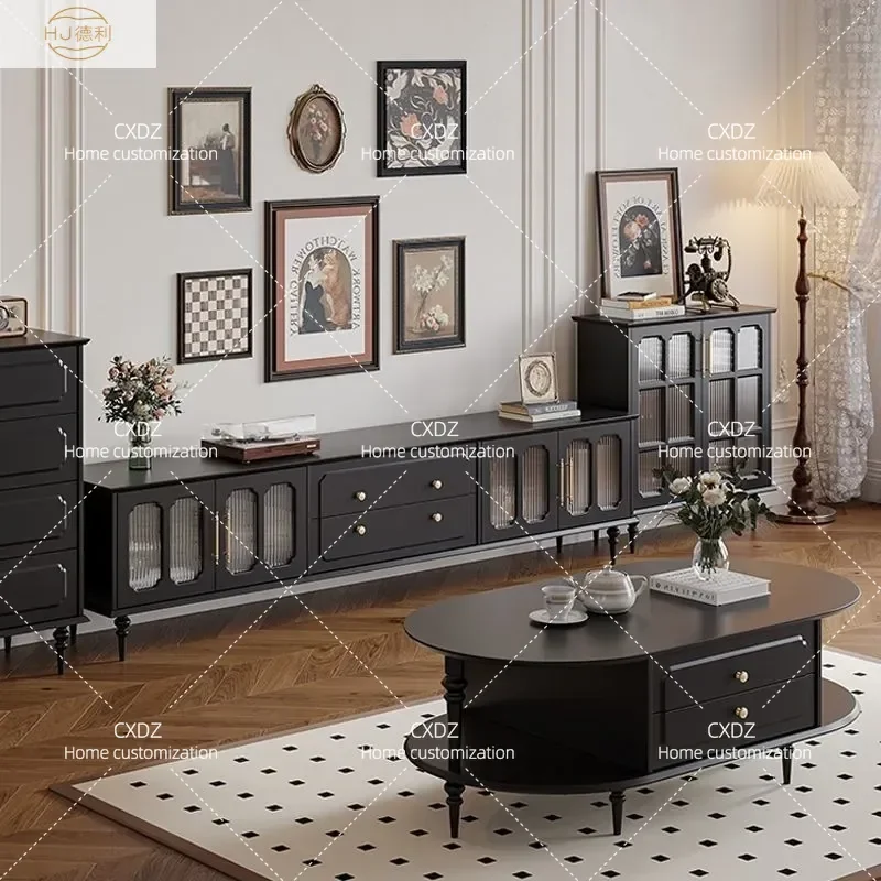 Solid Wood Retro TV Cabinet and Coffee Table Set Black Light Luxury Classic Style Living Room Furniture Household Storage