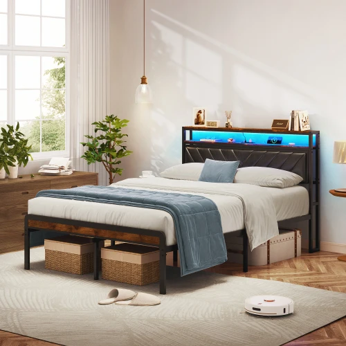 

Full Size Metal Platform Bed Frame with Adjustable Upholstered Headboard, Charging Station, LED Lights, Noiselesspromote sales