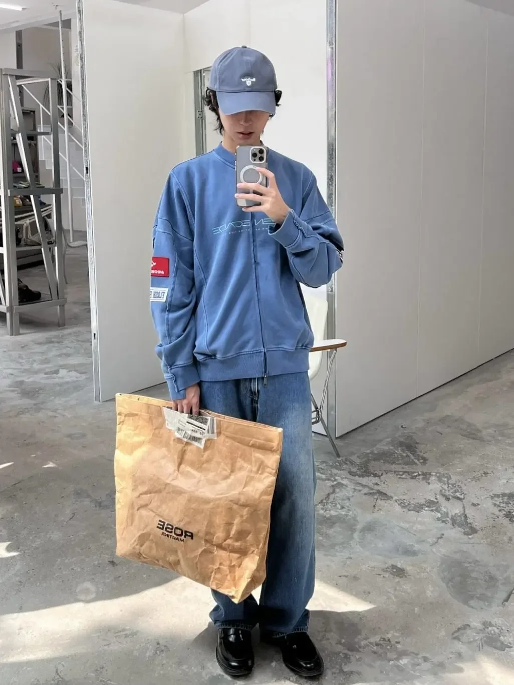 Fleece Mart Washed Blue Printed Patch Irregular Zip Sweater Jacket
