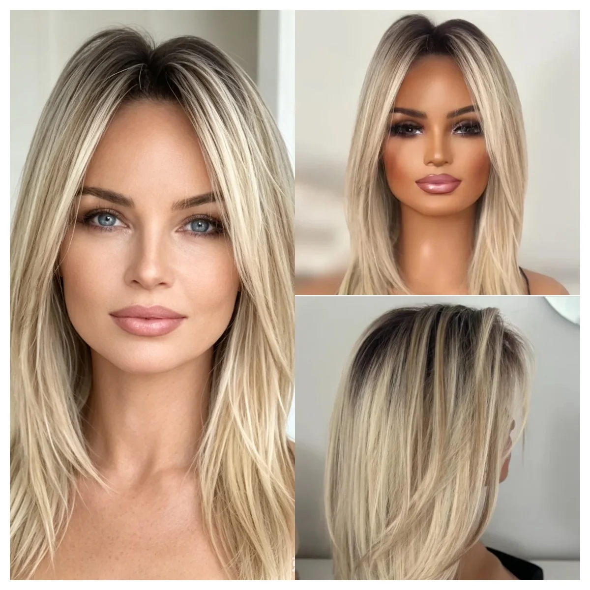 

Blonde Mixed Platinum Synthetic Straight Wig Medium Length Dark Root Natural Short Straight Bob with Highlights for Women