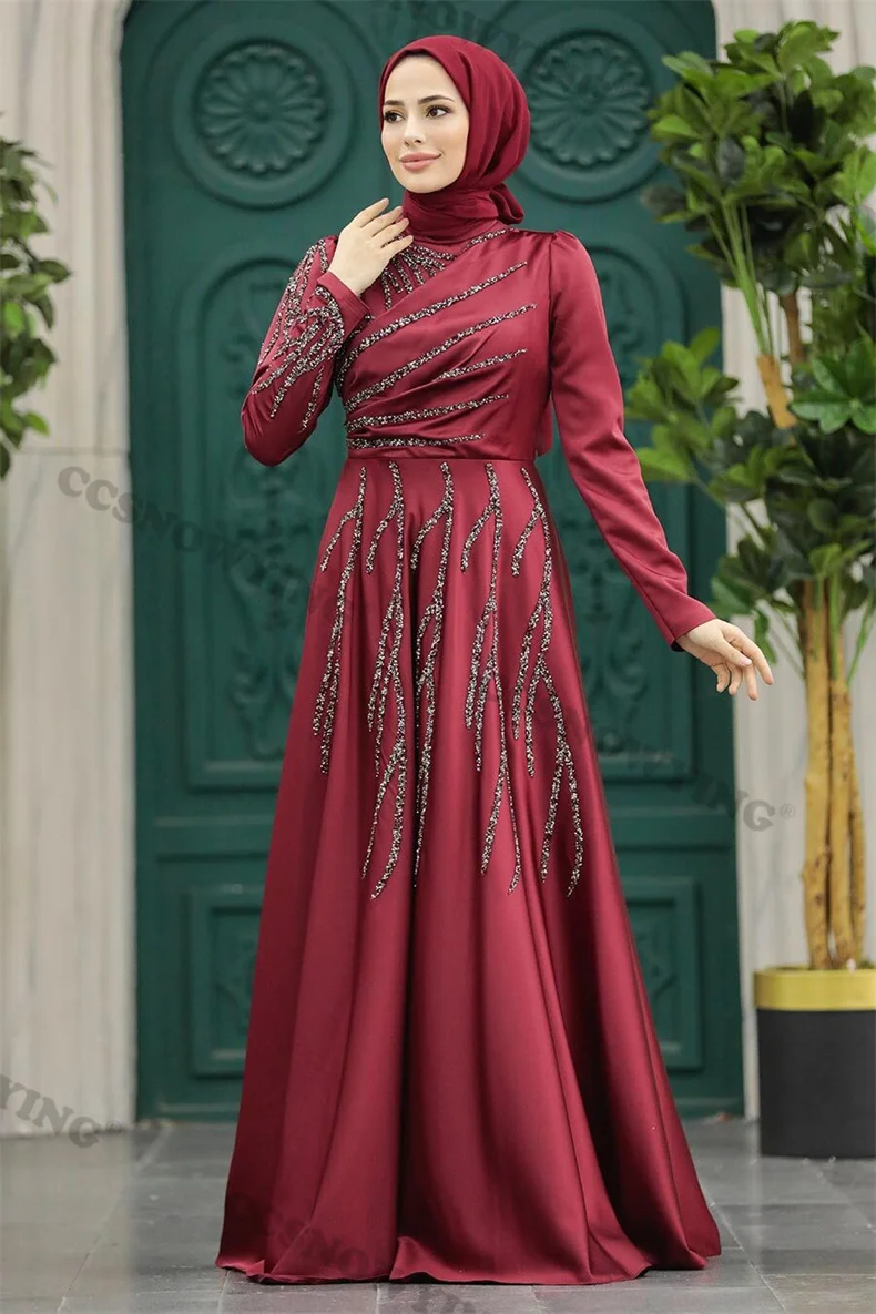 

Burgundy Long Sleeve High Neck Muslim Evening Dresses Hijab Prom Formal Party Gown Satin Appliques A Line Moroccan Caftan