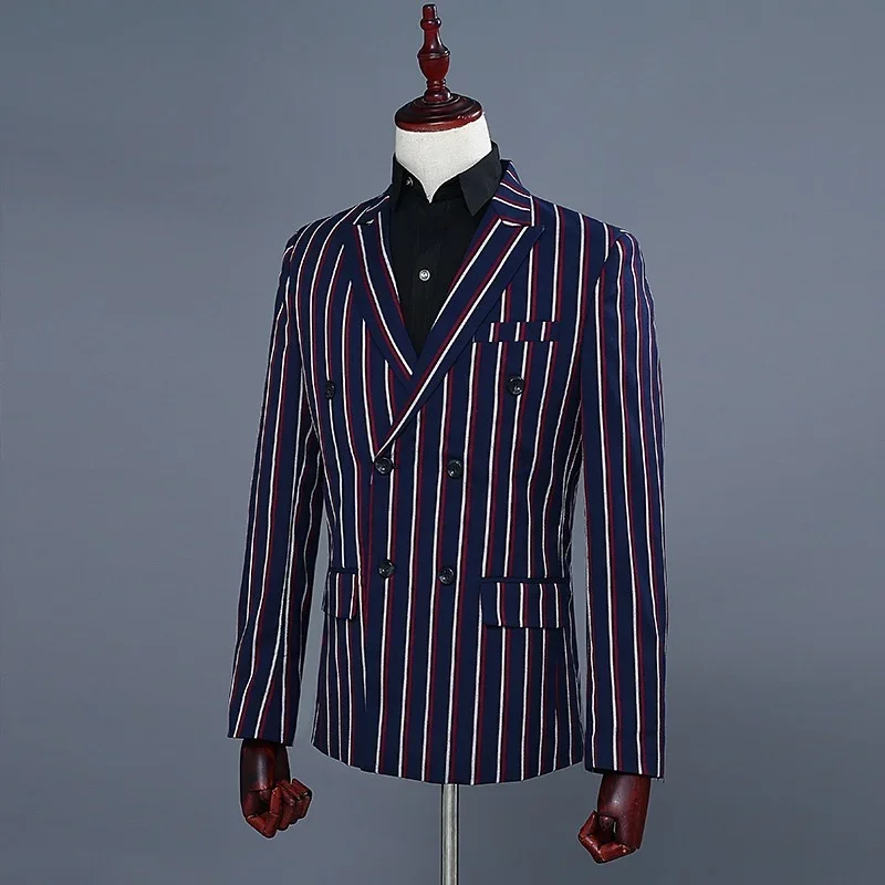 Suits Men Singer Stage Show Groom Suit Dress Mens Casual Prom for Blue Stripes Slim Fit Clothing Two Piece Set Coat Pants
