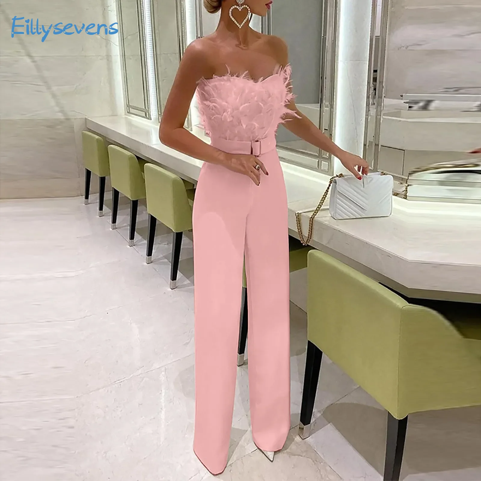 

Women Jumpsuits Feather Bare Shoulder Pullover Jumpsuit Solid Elegant Sleeveless Romper Banquet Party Waist Straight Jumpsuits